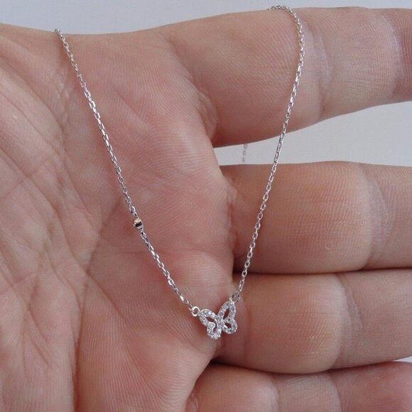 Solid 925 STERLING SILVER BUTTERFLY NECKLACE PENDANT W/ .35 CT LAB DIAMONDS/18'' - Picture 1 of 3